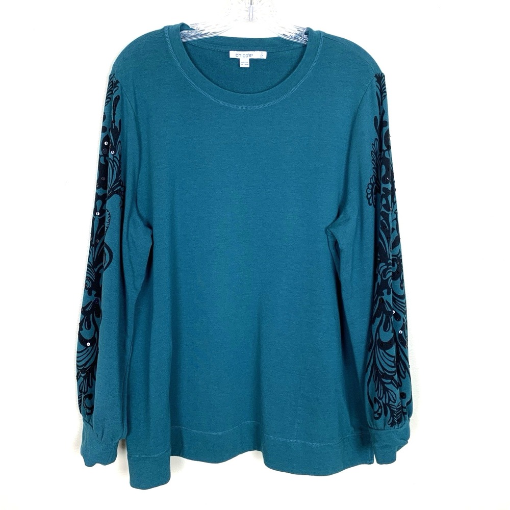 Chicos Terry Knit Pullover Top Pockets Boho Paisley Print Sequin Teal Size XL 3